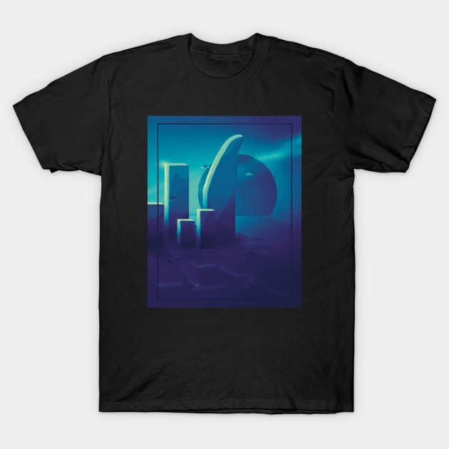 Travel To Another Place: Cyberpunk Retro Sci-Fi Planet T-Shirt by SkullFern